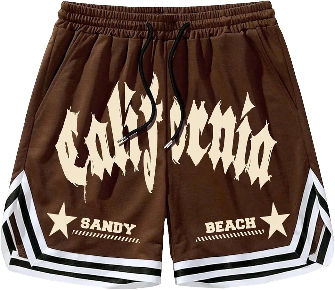 COZYEASE Men's Letter and Graphic Print Drawstring Waist Shorts Casual Tie Front Track Shorts Athletic Gym Shorts