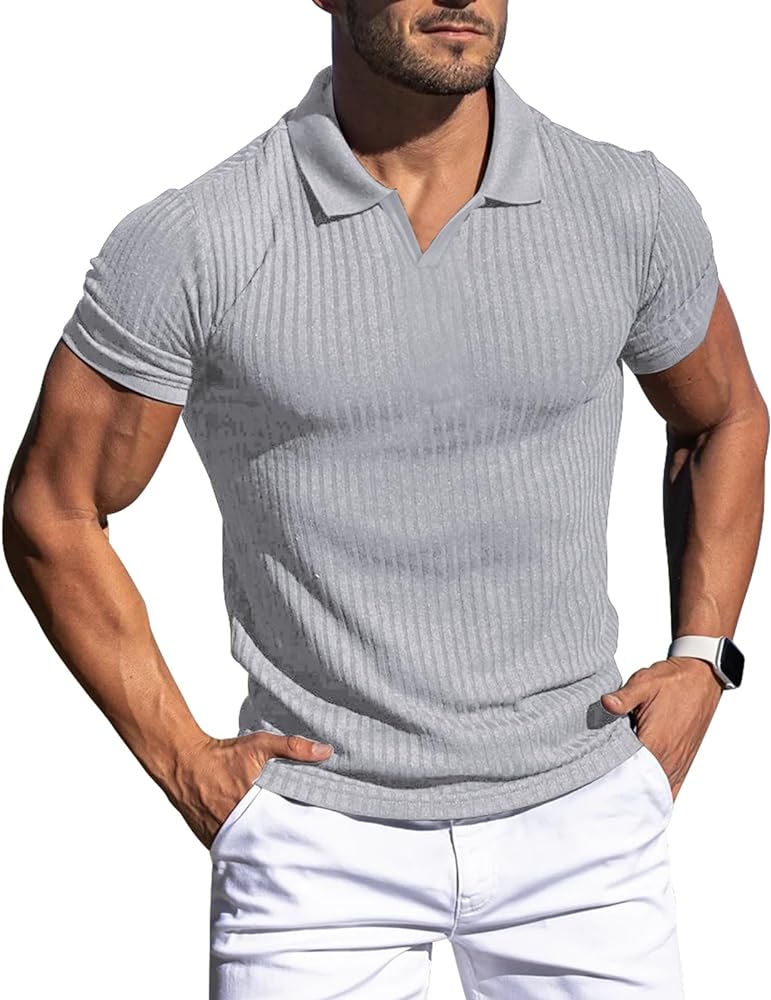 Mens V Neck t Shirts Slim Fit Muscle Polo Shirts for Men Short Sleeve Dry Fit Golf Shirts Casual Stylish Clothes