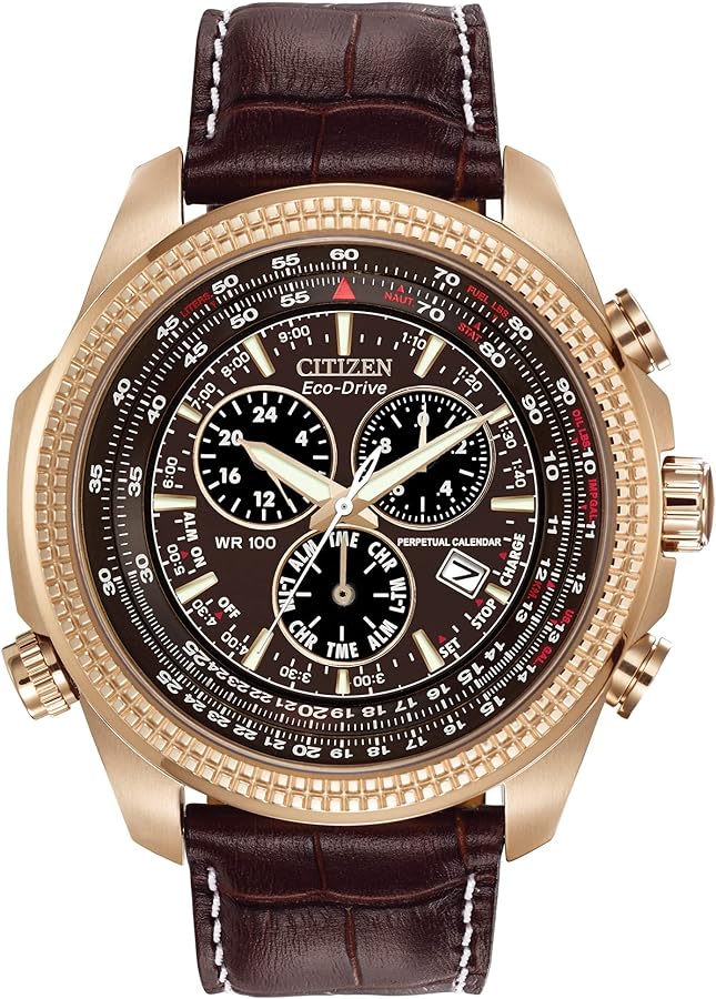 Citizen Men's Eco-Drive Weekender Brycen Chronograph Watch in Gold-tone Stainless Steel, Brown Leather strap (Model: BL5403-03X)
